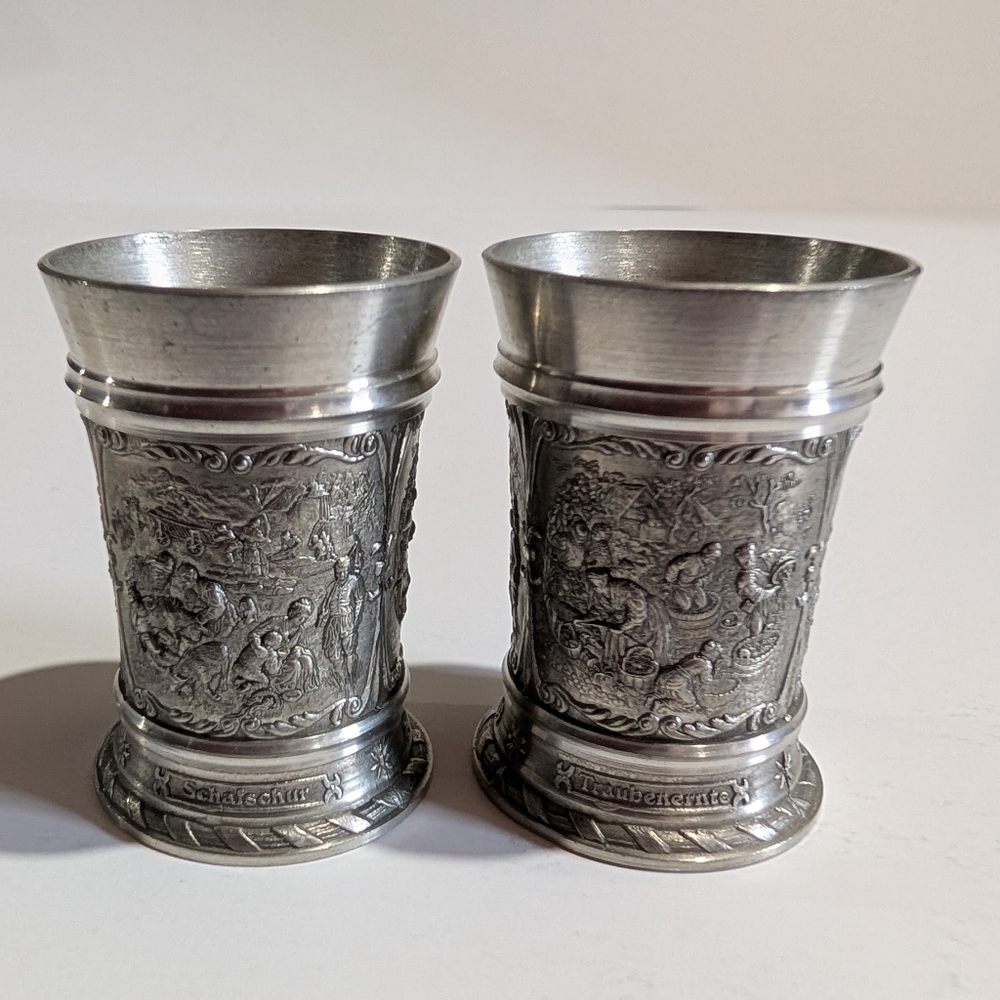 Vtg Pewter Shot Glasses SKS Zinn Harvesting Grapes Scenes West Germany